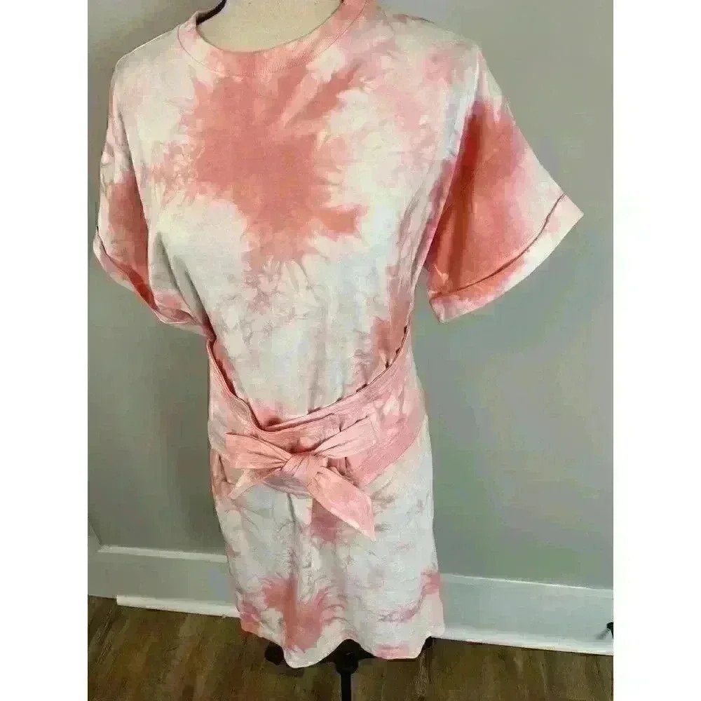 Rebecca Minkoff Tie Dye Pink T-Shirt Beach Dress With Belt Bow Rolled Sleeves XS - Picture 7 of 12